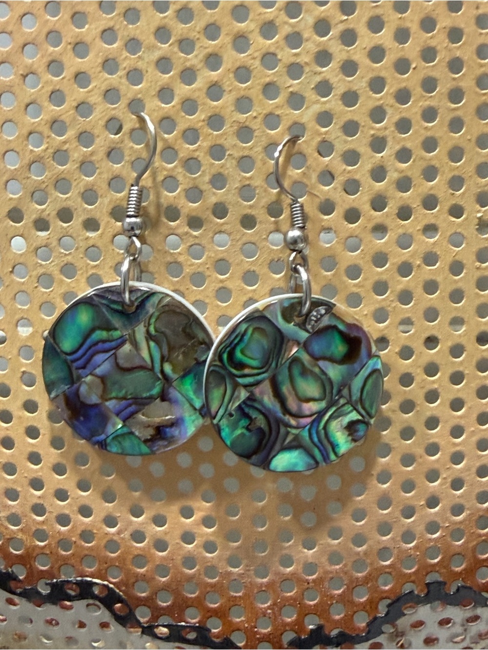 Abalone Shell Round Drop Earrings - Iridescent Green-Blue